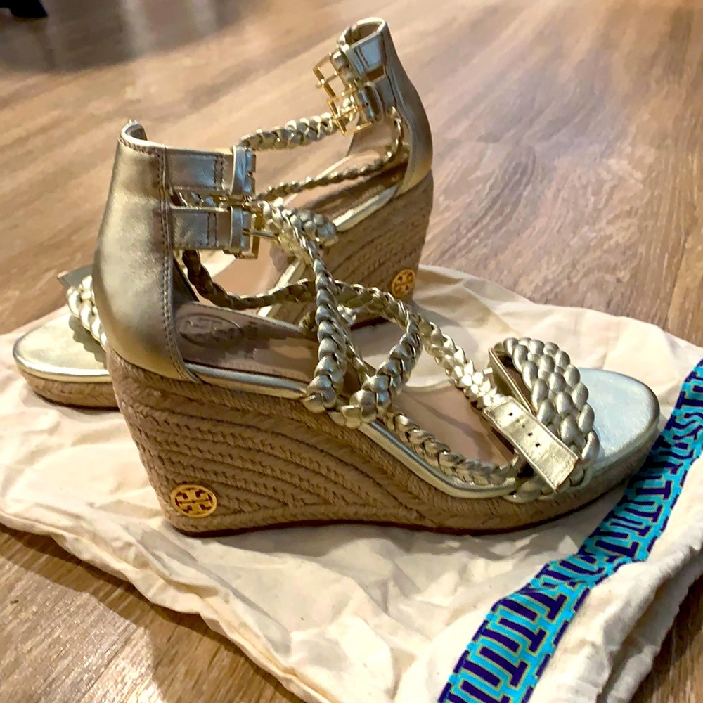 Like new, sold out Tory Burch gold espadrilles